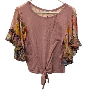 Umgee Boho Floral Ruffle Sleeve Tie Front Top NWT